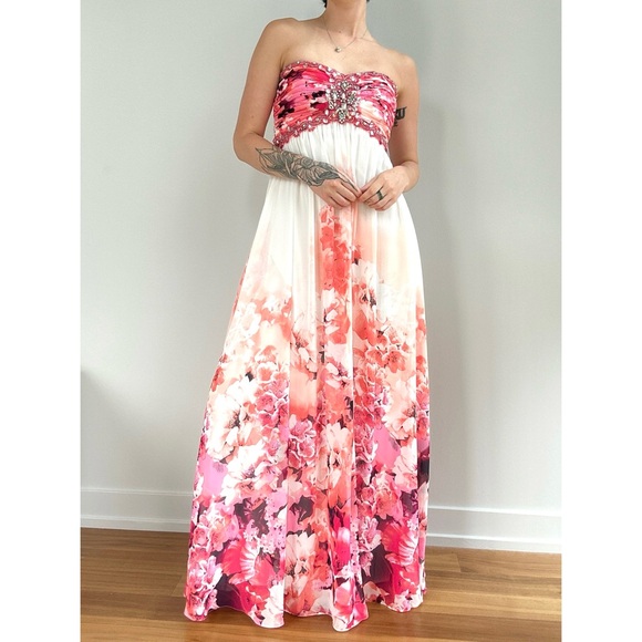 Y2K Pink Floral Cocktail Dress, Ball Gown, Formal Party Strapless Gown - Picture 1 of 7